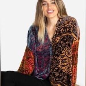 Johnny Was Frida Button Up Velvet Burnout Shirt Women's Large Rayon Silk Boho